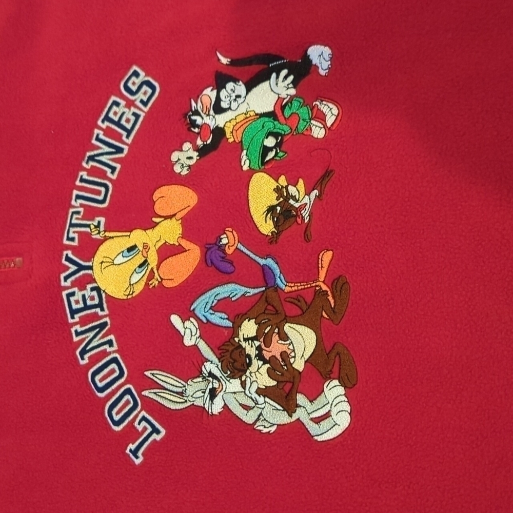 2000's Y2K Looney Tunes Vintage Warner Bros Studio Store Qtr Zip Fleece Red - Picture 3 of 13